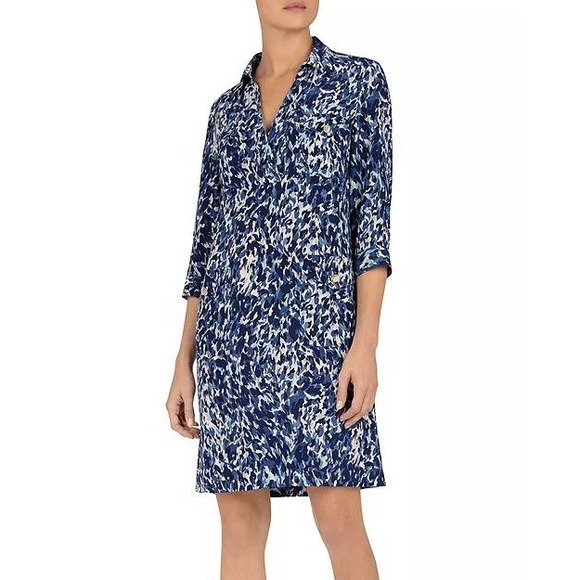 Gerard Darel Paris Dress Size 40 Blue Abstract Print 100% Silk Shirt Dress - Picture 1 of 9